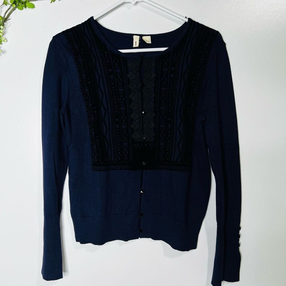 Moth Women's Navy Blue Black Lace Long Sleeve Cardigan Sweater Size Small